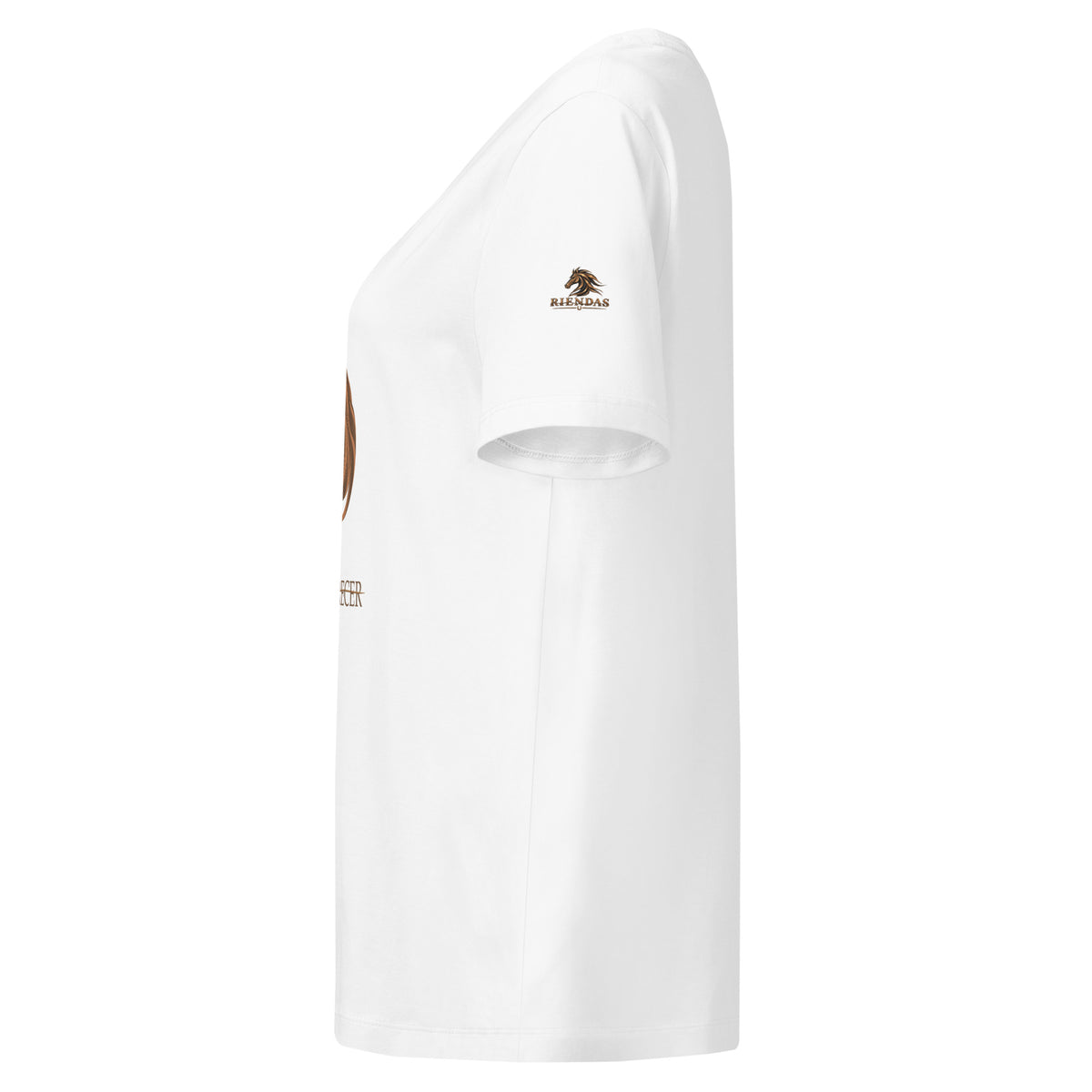 Camiseta RIENDAS blanca de mujer. Vista izquierda con el logo de RIENDAS en la manga.