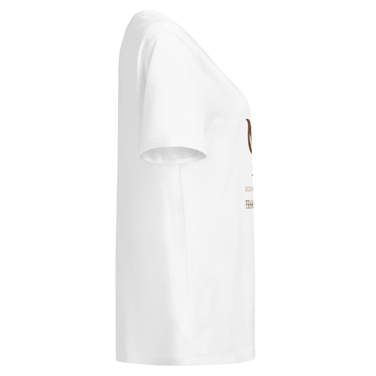 Camiseta RIENDAS blanca de mujer. Vista derecha sin estampado en la manga.