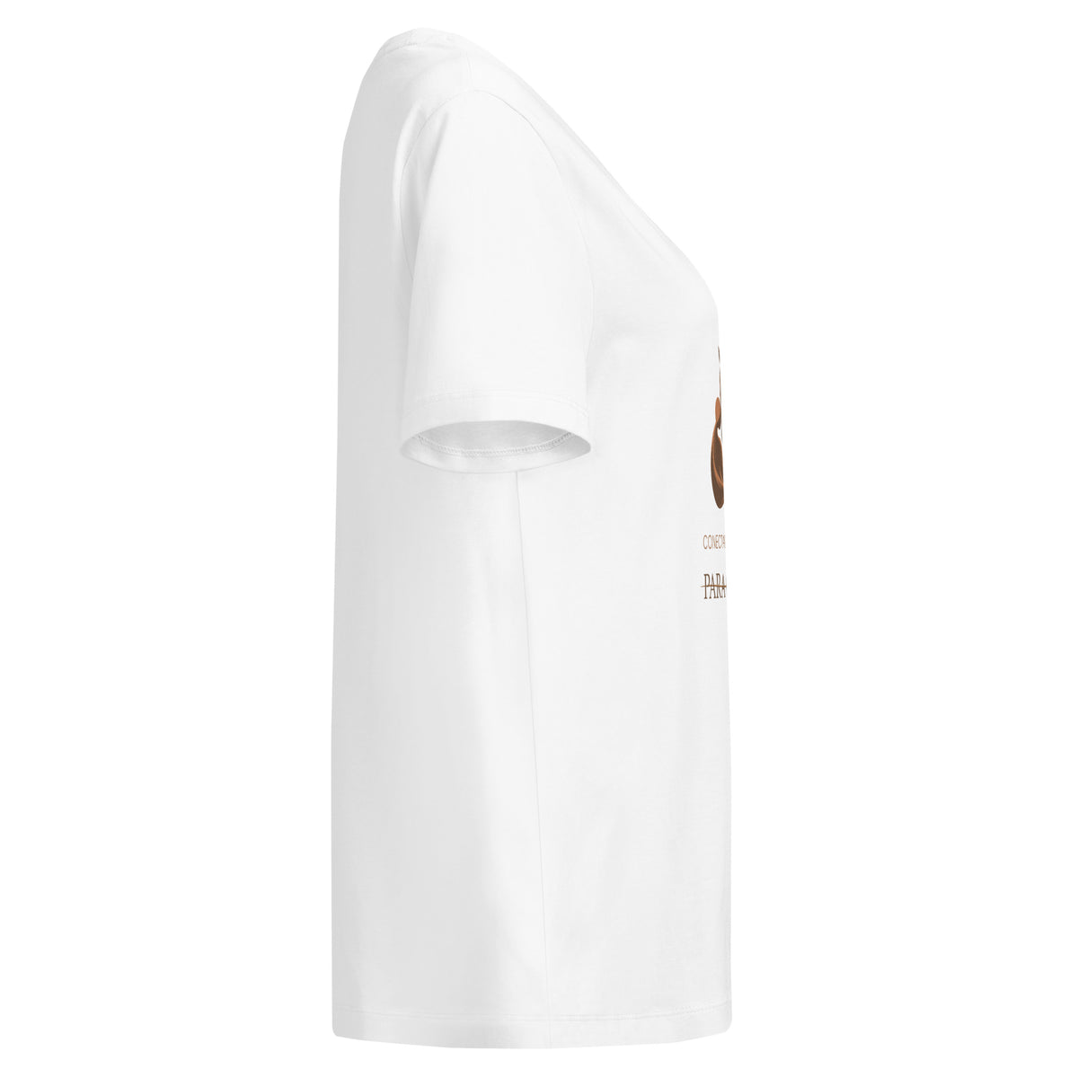Camiseta RIENDAS blanca de mujer. Vista derecha sin estampado en la manga.