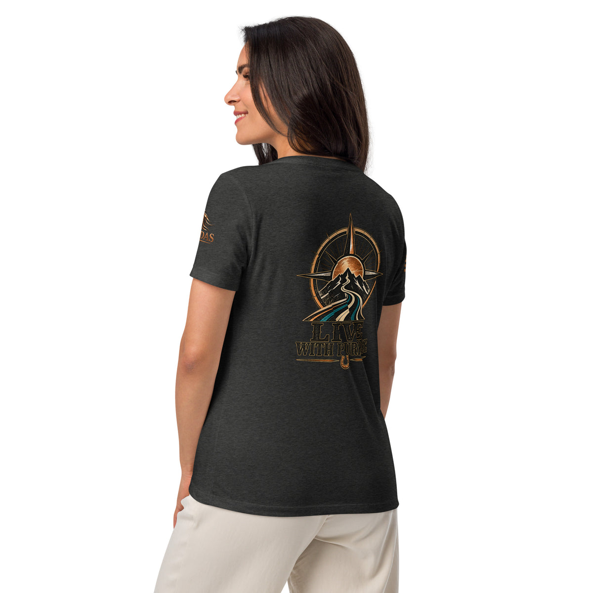 Camiseta Dark Grey Heather de mujer RIENDAS ED.001 LIVE WITH PURPOSE — vista trasera