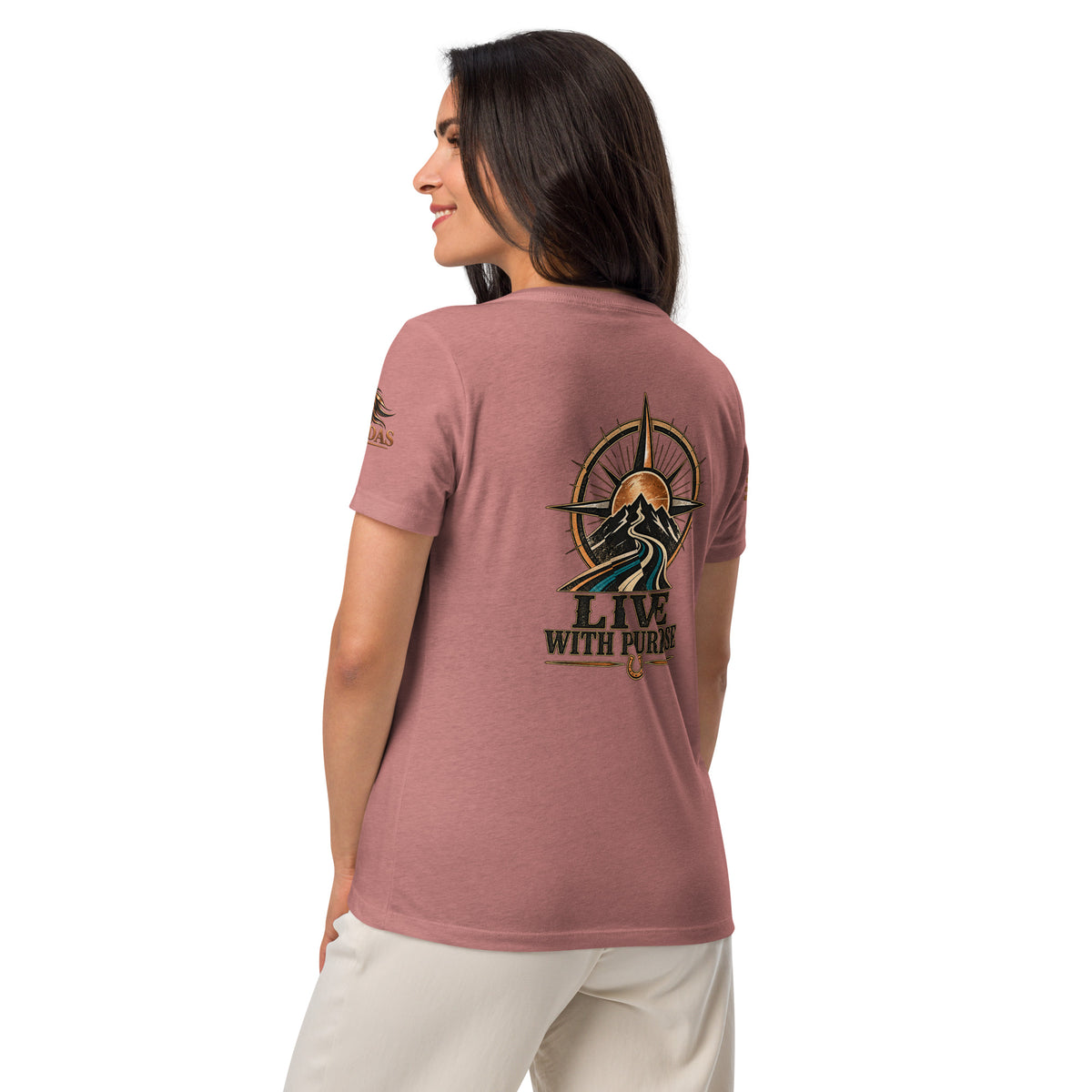 Camiseta Heather Mauve de mujer RIENDAS ED.001 LIVE WITH PURPOSE — vista trasera