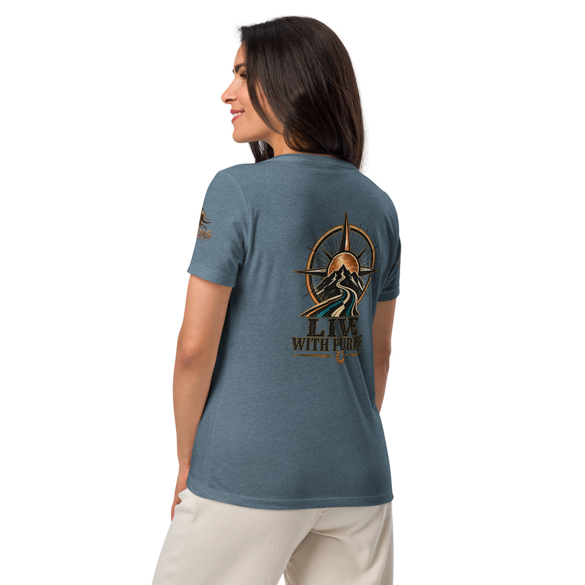 Camiseta Heather Slate de mujer RIENDAS ED.001 LIVE WITH PURPOSE — vista trasera