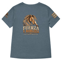 Camiseta RIENDAS ED.002 FUERZA Y NOBLEZA para mujer en Heather Slate, vista trasera